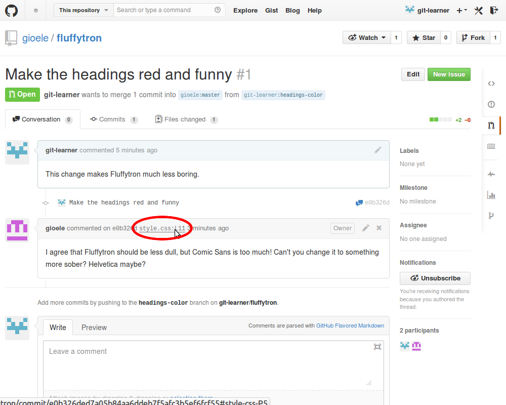 Comment to our pull request on GitHub, pull request page