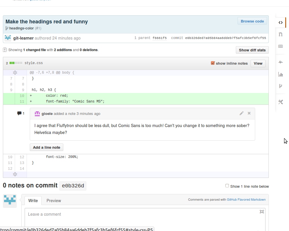 Comment to our pull request on GitHub, line notes