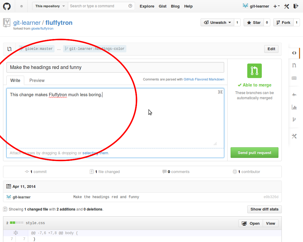 Making a new pull request on GitHub, step 2