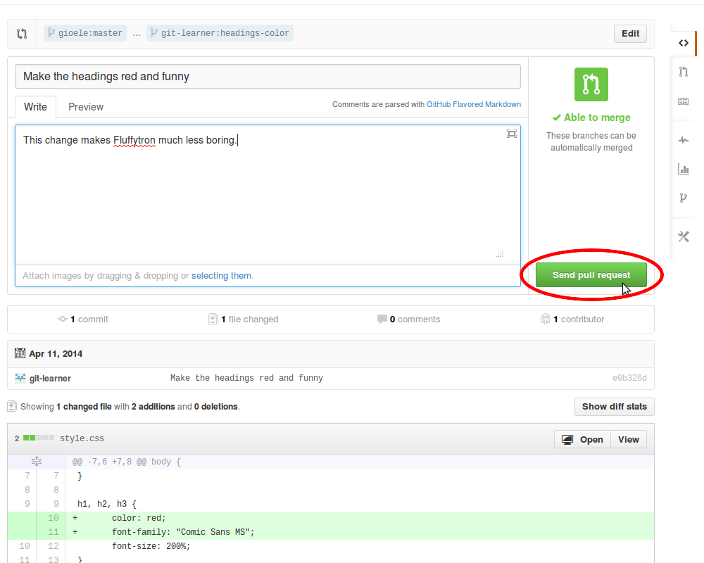 Making a new pull request on GitHub, step 3